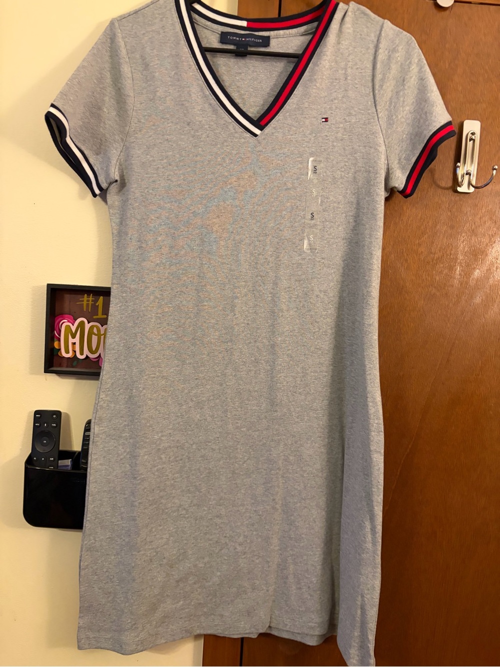 Tommy Hilfiger Light Gray V-Neck Tee Dress with Navy & Red Trim